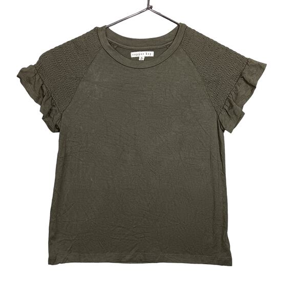 Copper Key Blouse Size Medium Kids Shirred Shoulders Ruffled Hems Military Green - Picture 1 of 6